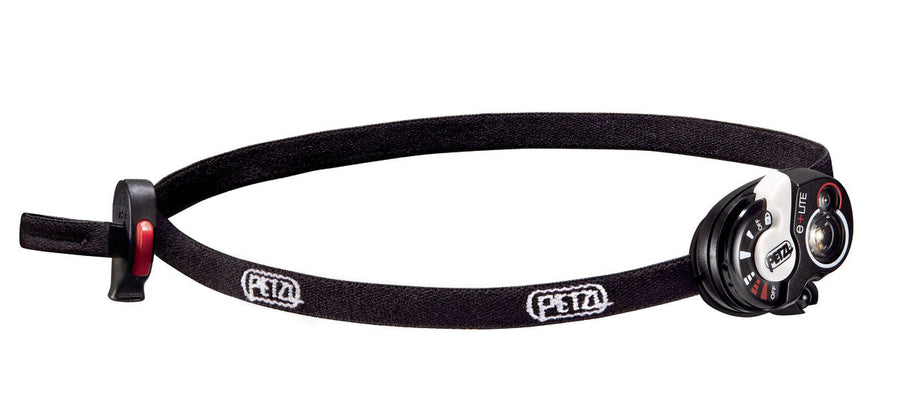 PETZL e+LITE® ultra-compact emergency headlamp in black, showing the elastic headband with integrated whistle and compact design for easy storage and emergency use. (8749904625901)