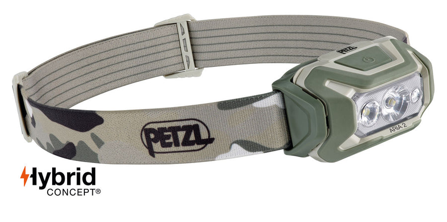 Front view of the PETZL ARIA® 2 RGB headlamp in black, showcasing its sleek design and adjustable elastic headband. (8749916586221)