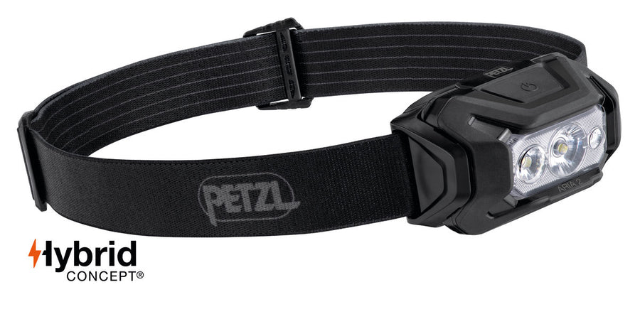 Side view of the PETZL ARIA® 2 RGB headlamp in camo, highlighting the single button for quick selection of brightness and light color. (8749916586221)