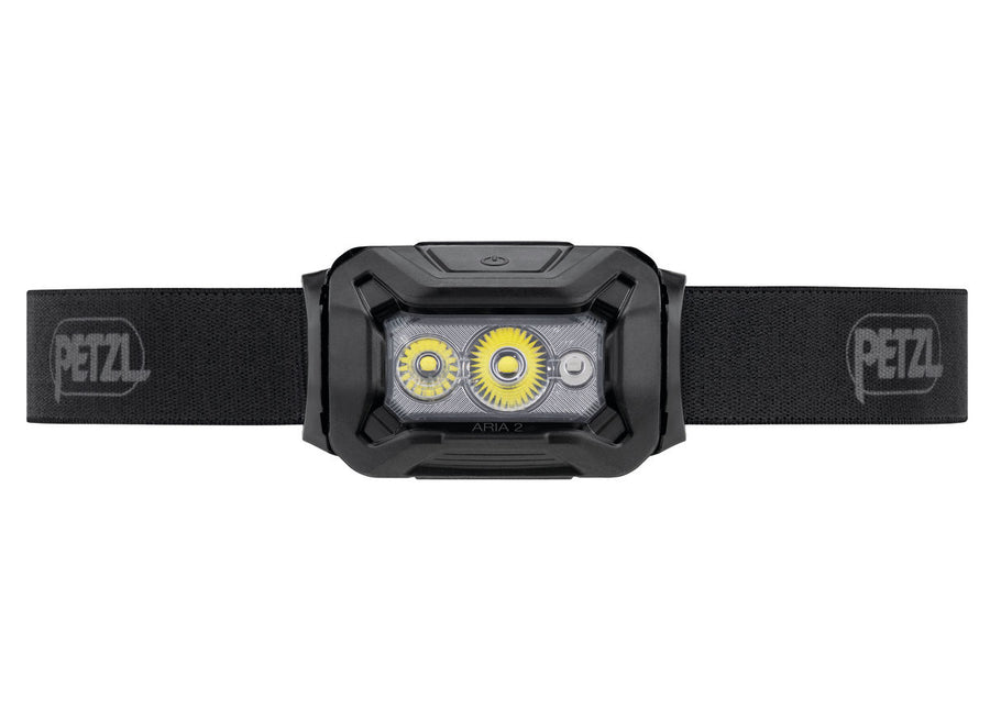 PETZL ARIA® 2 RGB headlamp in black with the headband removed, showing the lightweight and compact design. (8749916586221)