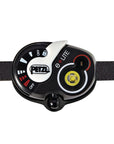 PETZL e+LITE® headlamp displaying the white and red LED lights, highlighting its 40 lumens brightness and strobe mode functionality for emergency visibility. (8749904625901)