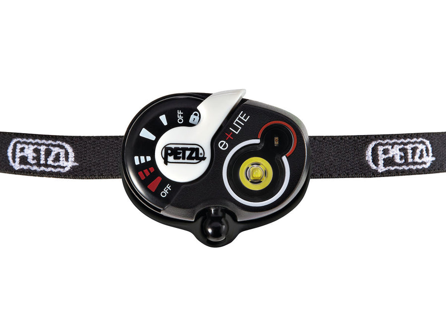 PETZL e+LITE® headlamp displaying the white and red LED lights, highlighting its 40 lumens brightness and strobe mode functionality for emergency visibility. (8749904625901)