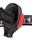 Side view of the PETZL e+LITE® headlamp, demonstrating the adjustable headband, lightweight design, and the included carrying case for long-term storage. (8749904625901)