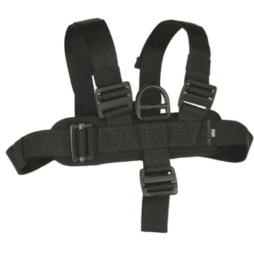 Assault Full Body Chest Harness in black, featuring an upper chest D ring for belay line attachment and extraction, camlock buckle for quick donning over tactical body armor, and adjustable straps for a secure fit. (8749794689261)