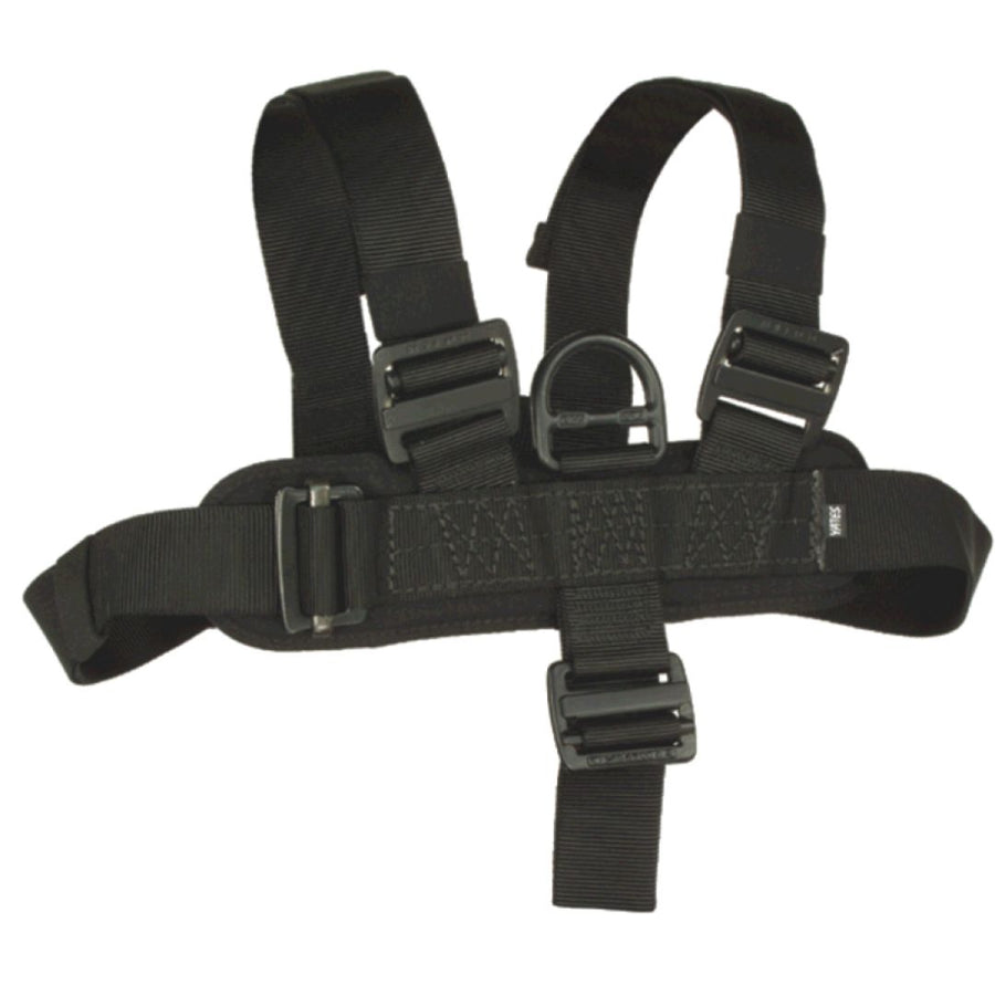 Assault Full Body Chest Harness in black, featuring an upper chest D ring for belay line attachment and extraction, camlock buckle for quick donning over tactical body armor, and adjustable straps for a secure fit. (8749794689261)