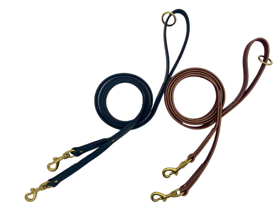 Ravenox Leather Safety Dog Leash in black with solid brass hardware, showcasing dual bolt snaps for secure attachment to prong or Martingale collars (8660536590573)