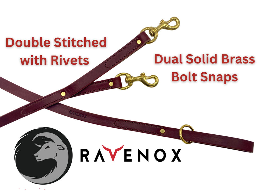 Leather Full view of Ravenox Leather Safety Dog Leash in burgundy, featuring a 3/4-inch width and quick-connect Cobra buckles. (8660536590573)