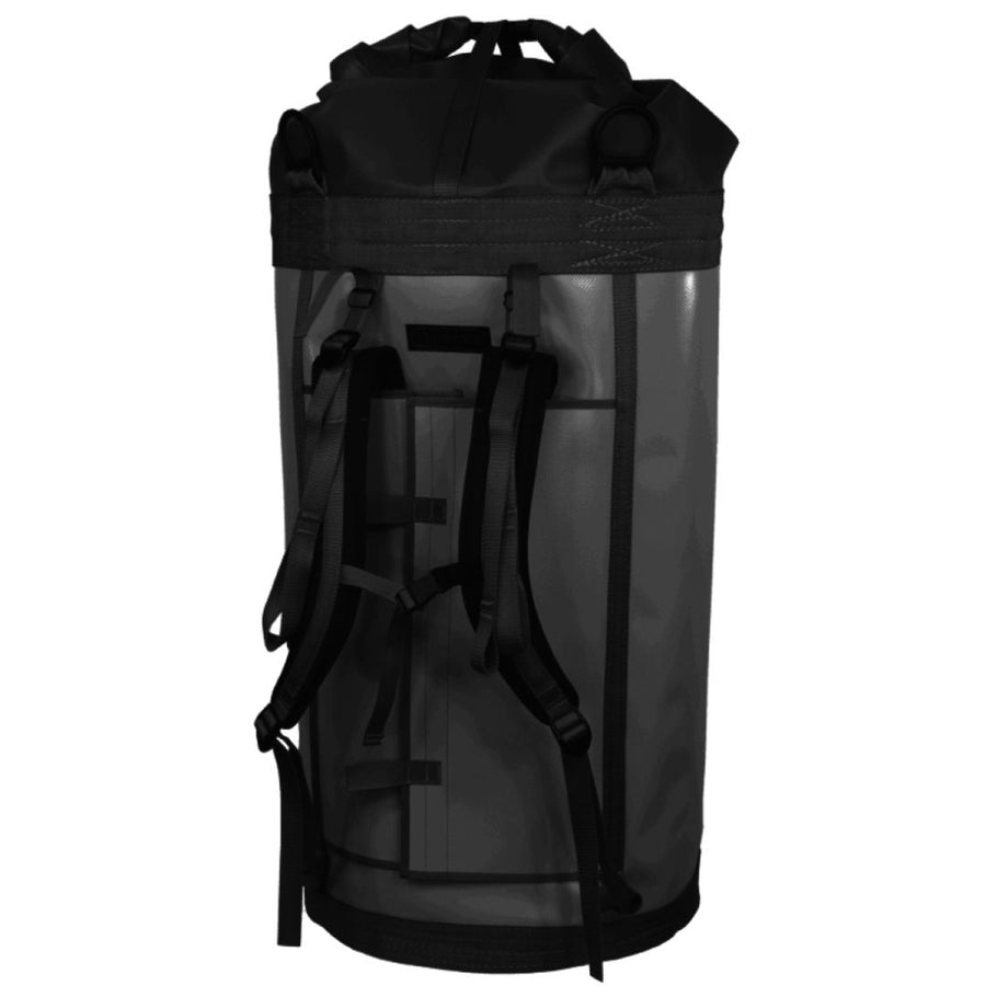 Large black fast rope bag fitting 60 to 90 foot FAST ropes, made from robust urethane coated nylon, equipped with steel D ring attachments and a reinforced bottom, ideal for tactical insertion and extraction operations. (8745524265197) (8747452760301)