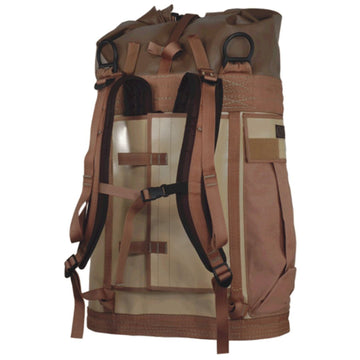 Small tan fast rope bag designed for 30 to 60 foot FAST ropes or 120-150 foot SPIE ropes, made from extra heavy-duty urethane coated nylon for military use, with exceptional abrasion resistance and steel D ring attachments. (8745524265197) (8747452760301)