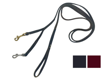 Main image of the Ravenox Leather Safety Dog Leash showing available swatch colors in black and burgundy with solid brass hardware (8660536590573)