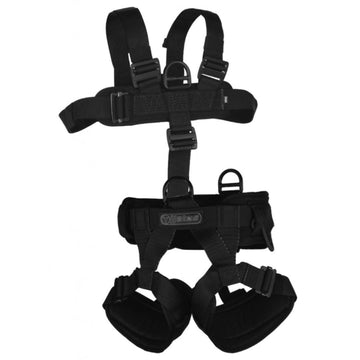 Padded Lightweight Assault Full Body Harness with Rear Waist Pad D Ring in black, highlighting its full-body design, quick-adjust hardware, padded construction, and rear D ring for enhanced comfort and secure SPIE, rappel, and extraction operations. (8749752549613)