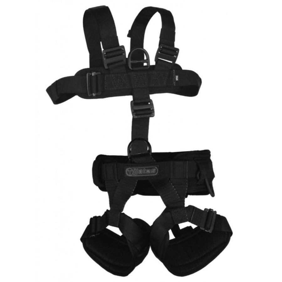 Padded Lightweight Assault Harness with Tactical Full Body Chest in black, showcasing its full-body design, quick-adjust hardware, and padded construction for enhanced comfort and secure SPIE, rappel, and extraction operations. (8749739540717)