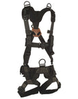 Front view of the Stabo Tactical Full Body Harness in black, showing the secure waist and sternum buckles with VELCRO® brand hook-and-loop closures for added safety during rappel and extraction operations. (8749773193453)