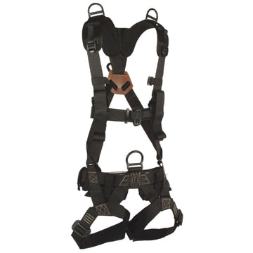 Front view of the Stabo Tactical Full Body Harness in black, showing the secure waist and sternum buckles with VELCRO® brand hook-and-loop closures for added safety during rappel and extraction operations. (8749773193453)