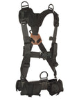 Back view of the Stabo Tactical Full Body Harness with dorsal D ring for SPIE Lanyard attachment, leg pouches for stowing leg loops, and contrasting brown thread for visual inspection, trusted by DEA, FBI, and Special Forces. (8749773193453)