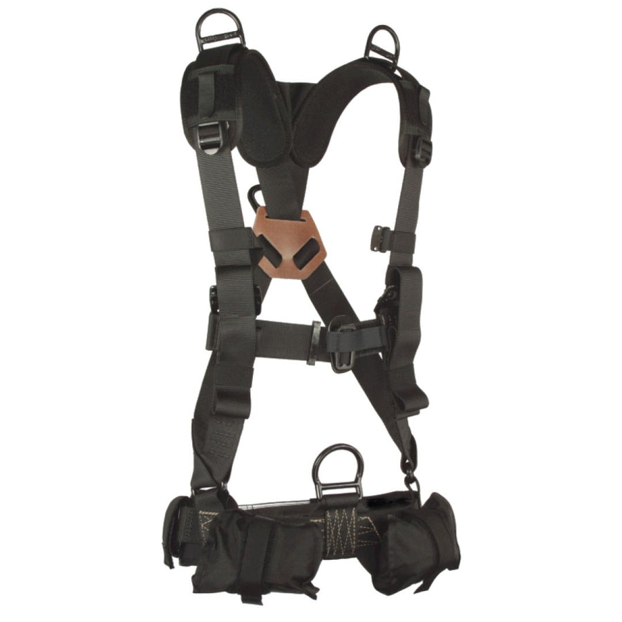 Back view of the Stabo Tactical Full Body Harness with dorsal D ring for SPIE Lanyard attachment, leg pouches for stowing leg loops, and contrasting brown thread for visual inspection, trusted by DEA, FBI, and Special Forces. (8749773193453)