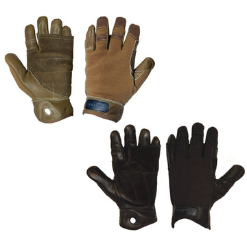 Side-by-side comparison of Tactical Rappel / Fast Rope Gloves in black and Coyote Tan, showcasing their thick full-grain leather construction and heat-resistant Kevlar thread for enhanced protection and durability during tactical and fast roping operations. (8745466396909)
